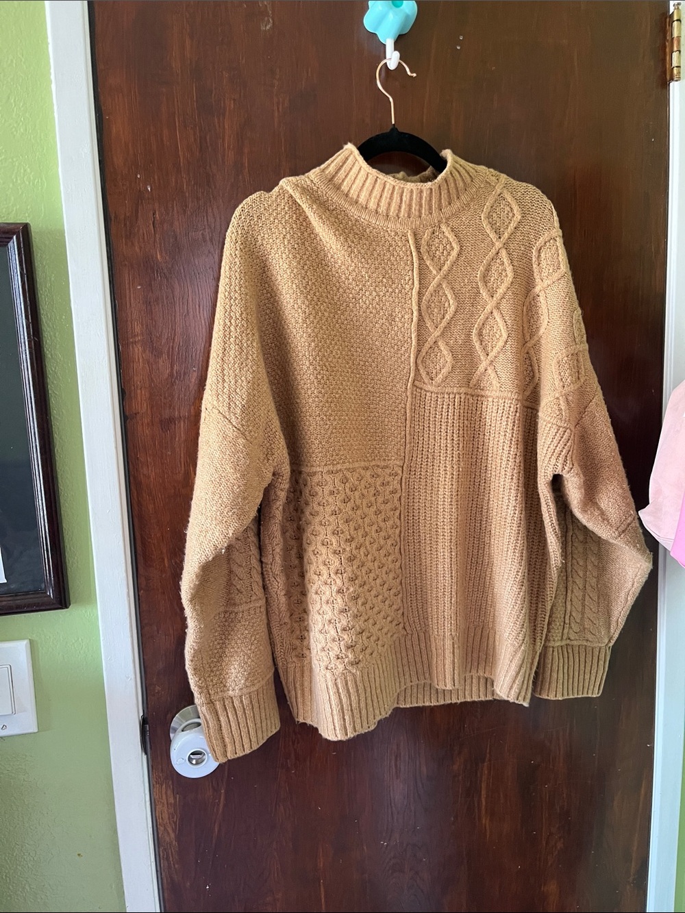 American Eagle Outfitters Camel Cable & Panel Knit Turtleneck Sweater